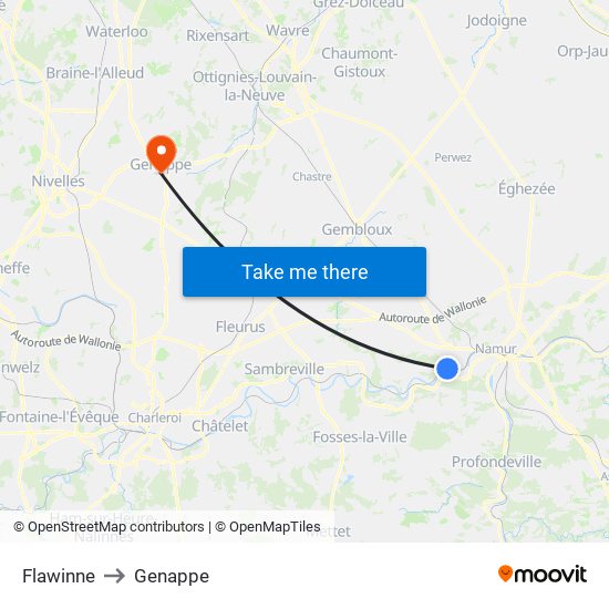 Flawinne to Genappe map