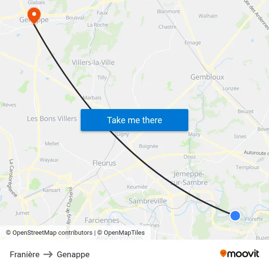 Franière to Genappe map