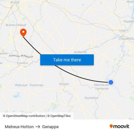 Melreux-Hotton to Genappe map