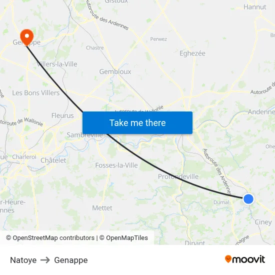 Natoye to Genappe map