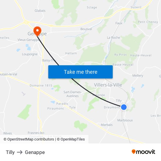 Tilly to Genappe map