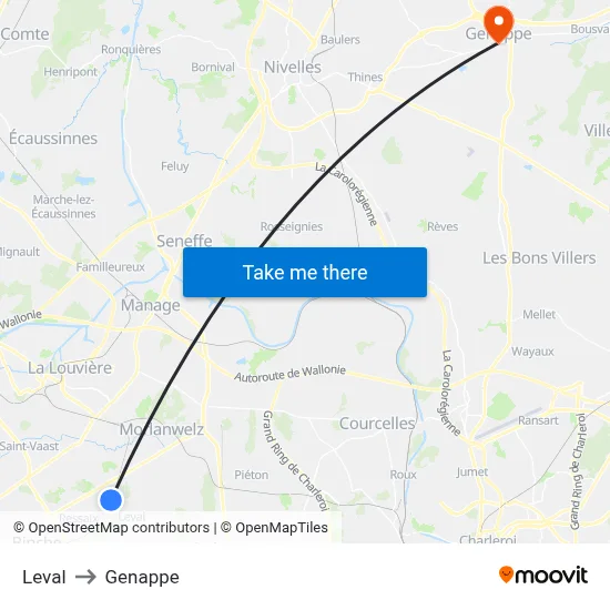Leval to Genappe map