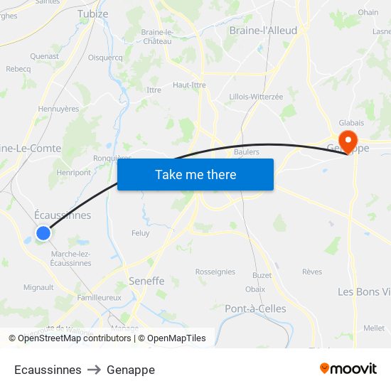 Ecaussinnes to Genappe map