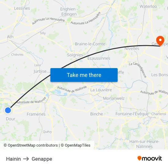 Hainin to Genappe map