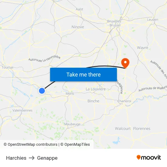 Harchies to Genappe map