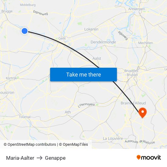 Maria-Aalter to Genappe map