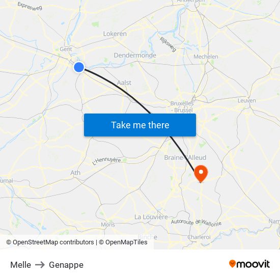 Melle to Genappe map