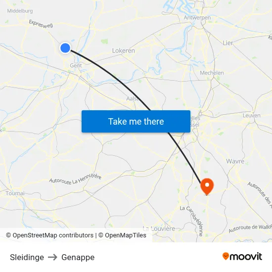 Sleidinge to Genappe map