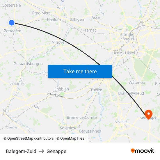 Balegem-Zuid to Genappe map