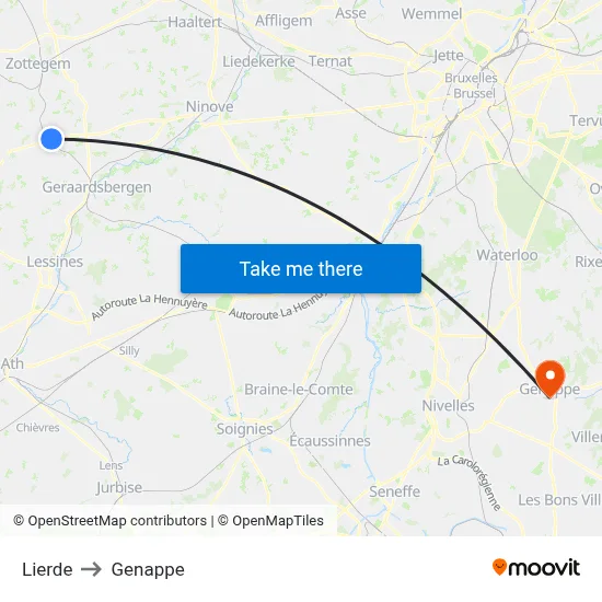 Lierde to Genappe map