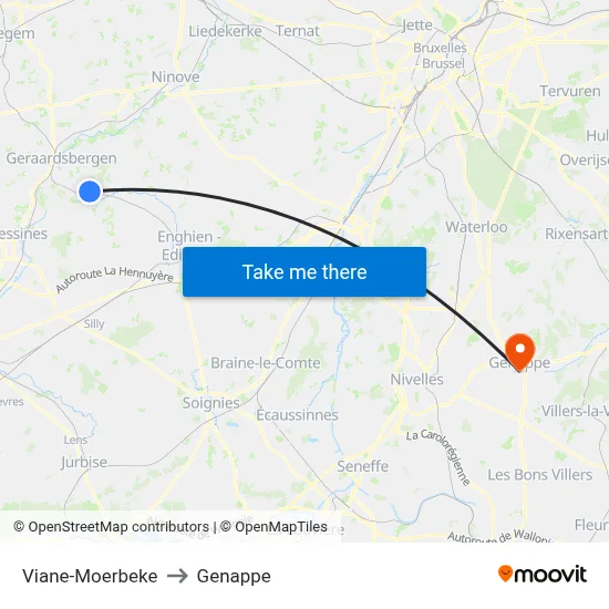Viane-Moerbeke to Genappe map