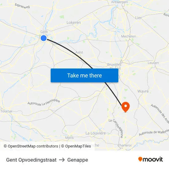 Ghent Education Street to Genappe map