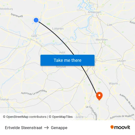 Ertvelde Stone Street to Genappe map