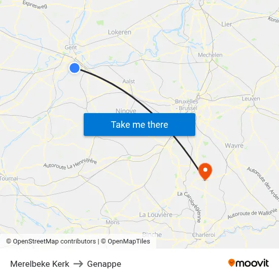 Merelbeke Church to Genappe map