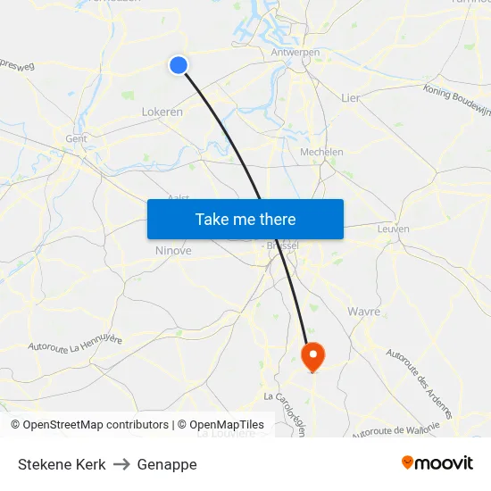 Stekene Church to Genappe map