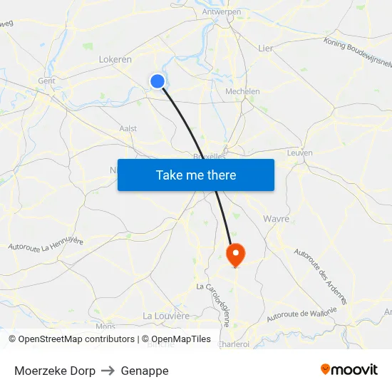 Moerzeke Village to Genappe map
