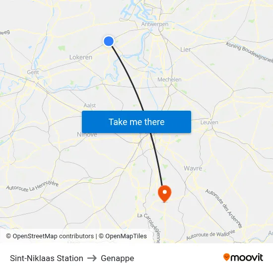 Sint-Niklaas Station to Genappe map