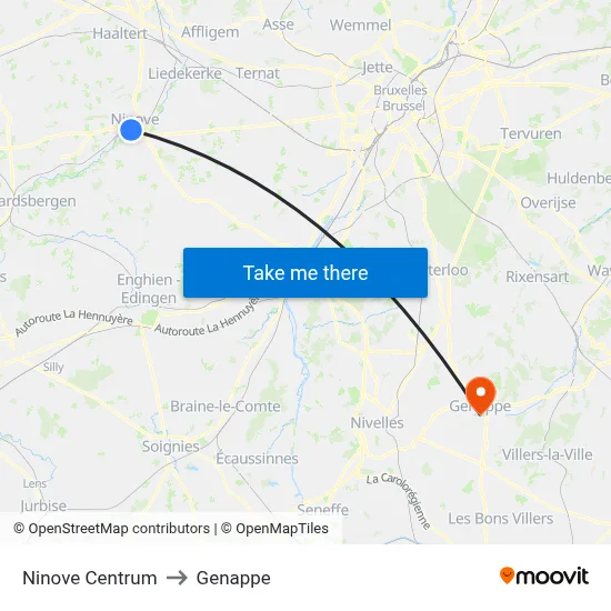 Ninove Center to Genappe map