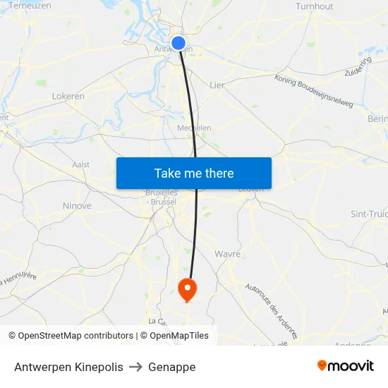 Antwerp Kinepolis to Genappe map