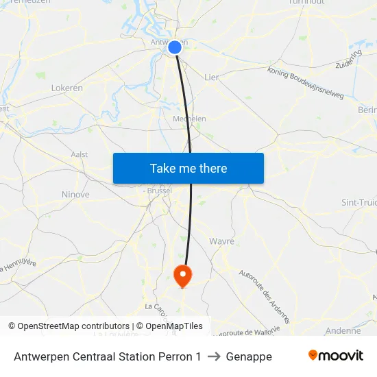 Antwerp Central Station Platform 1 to Genappe map