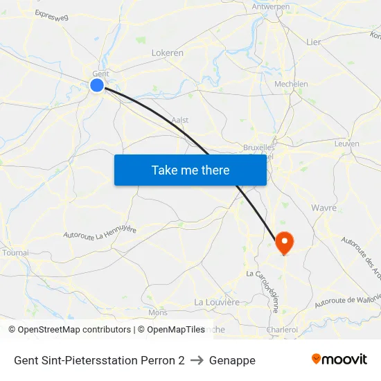 Ghent St. Peters Station Platform 2 to Genappe map