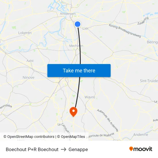 Boechout Park & Ride to Genappe map