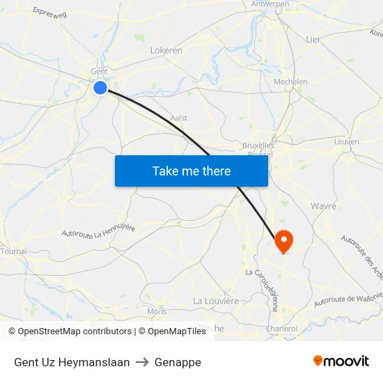 Ghent University Hospital Heymans Avenue to Genappe map