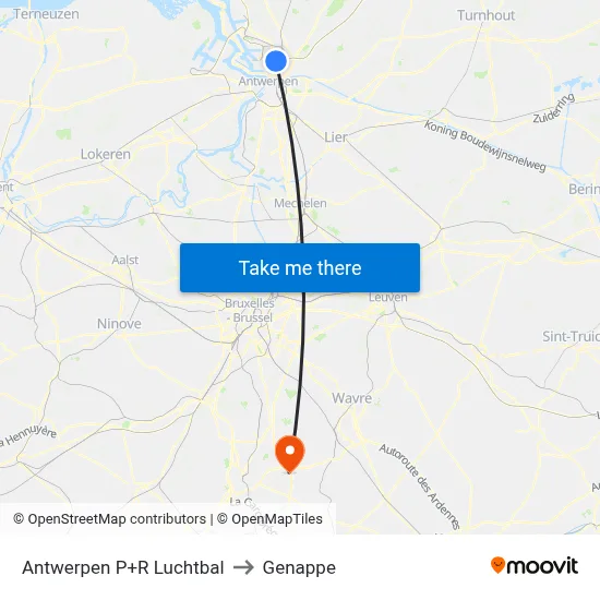 Antwerp P+R Luchtbal to Genappe map