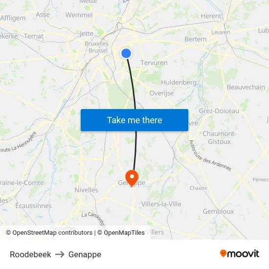 Roodebeek to Genappe map