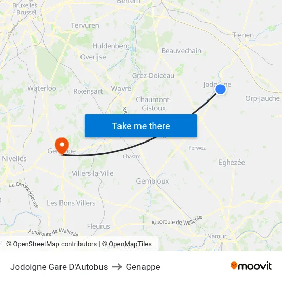 Jodoigne Bus Station to Genappe map