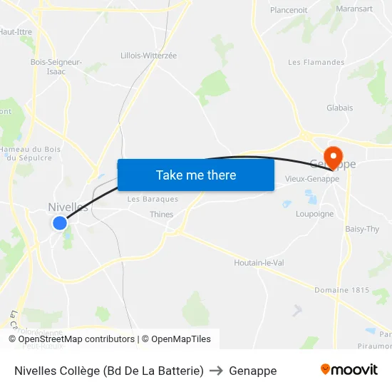 Nivelles College (Battery Blvd) to Genappe map
