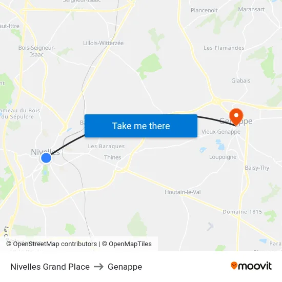 Nivelles Grand Place to Genappe map