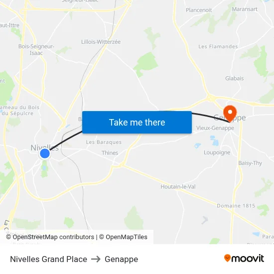 Nivelles Grand Place to Genappe map