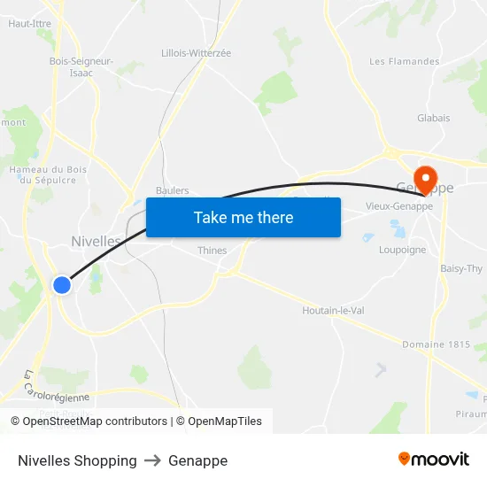 Nivelles Shopping to Genappe map