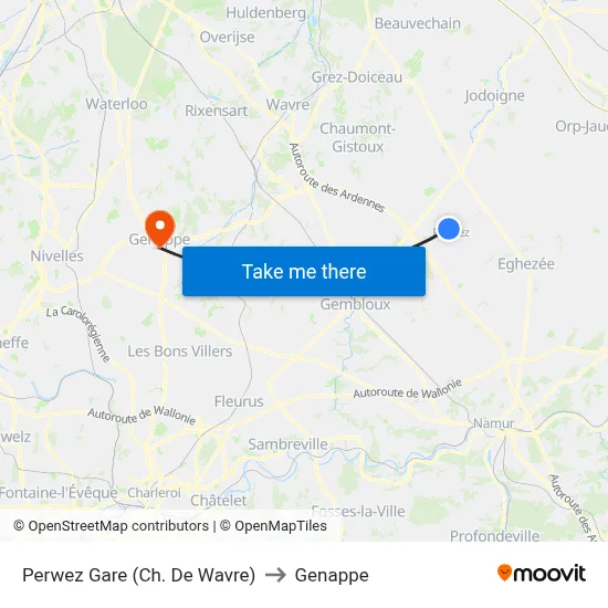 Perwez Station (Wavre Road) to Genappe map