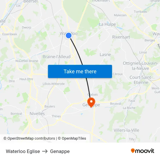 Waterloo Church to Genappe map