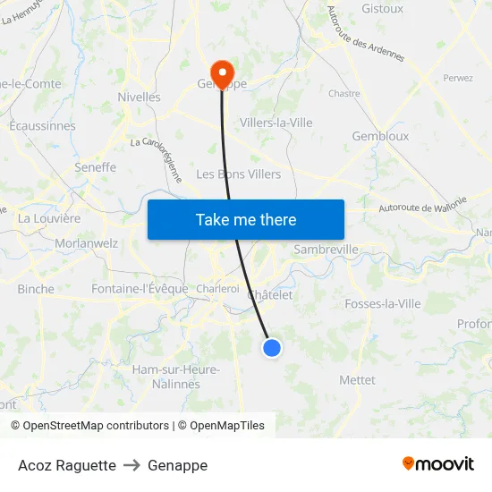 Acoz Raguette to Genappe map