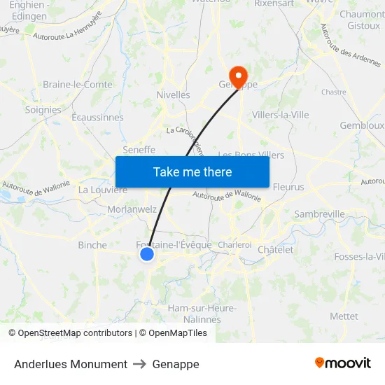 Anderlues Monument to Genappe map