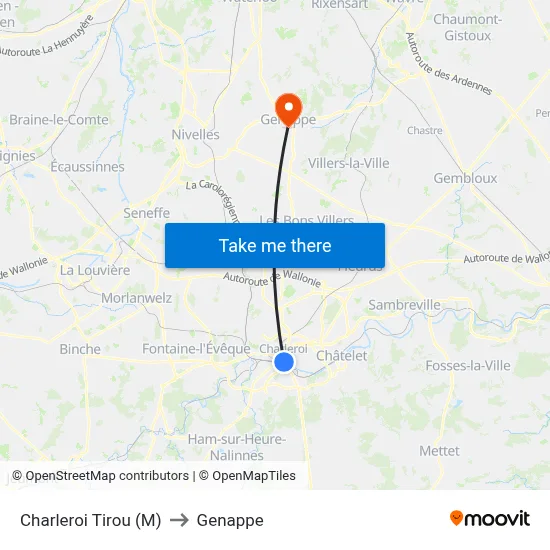 Charleroi Tirou (M) to Genappe map