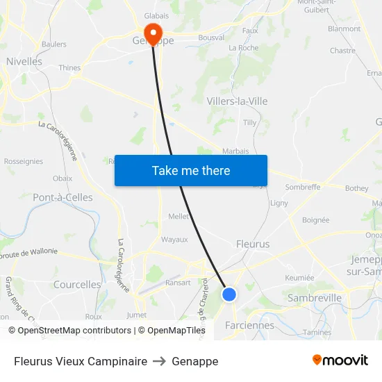 Fleurus Old Campinaire to Genappe map
