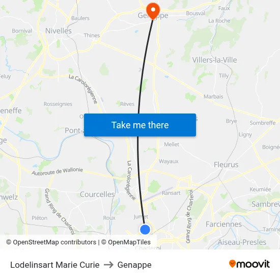 Lodelinsart Marie Curie to Genappe map
