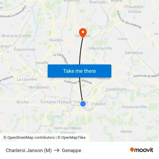 Charleroi Janson (Metro) to Genappe map