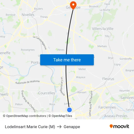 Lodelinsart Marie Curie (M) to Genappe map