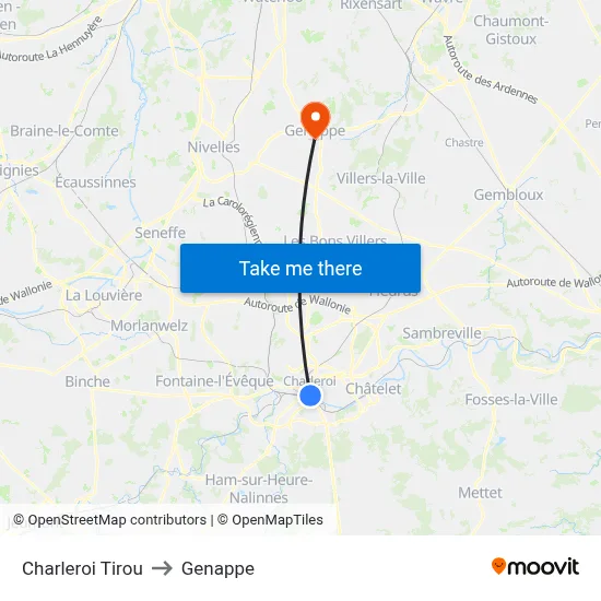 Charleroi Tirou to Genappe map