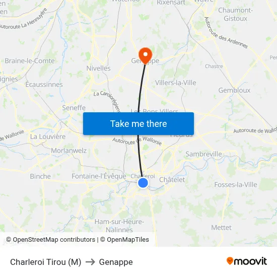 Charleroi Tirou (M) to Genappe map