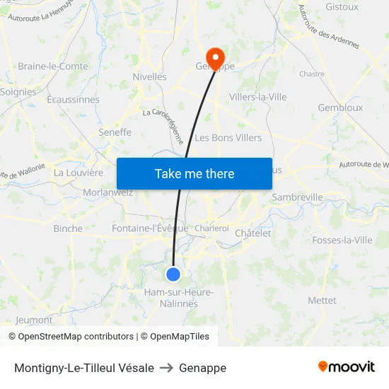 Montigny-Le-Tilleul Vesale to Genappe map