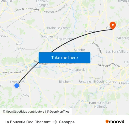 La Bouverie Singing Rooster to Genappe map