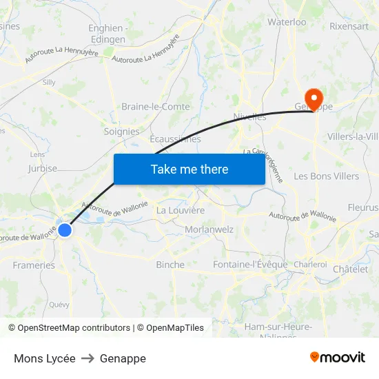 Mons High School to Genappe map