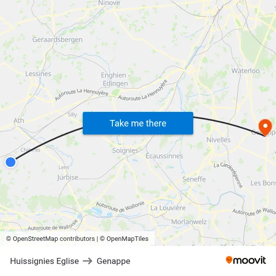 Huissignies Church to Genappe map