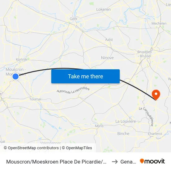 Mouscron Place De Picardie to Genappe map